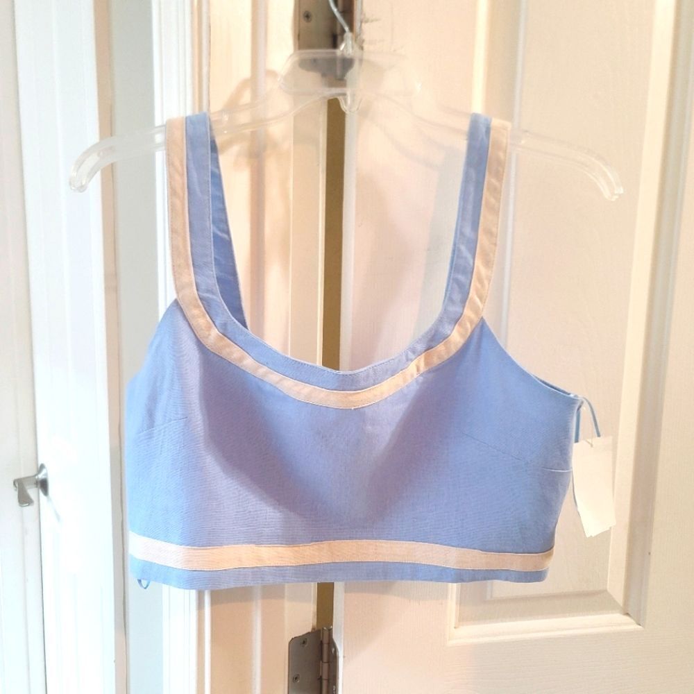 Avec Les Filles Linen Blend Crop Top in Ice Blue Size Large NEW